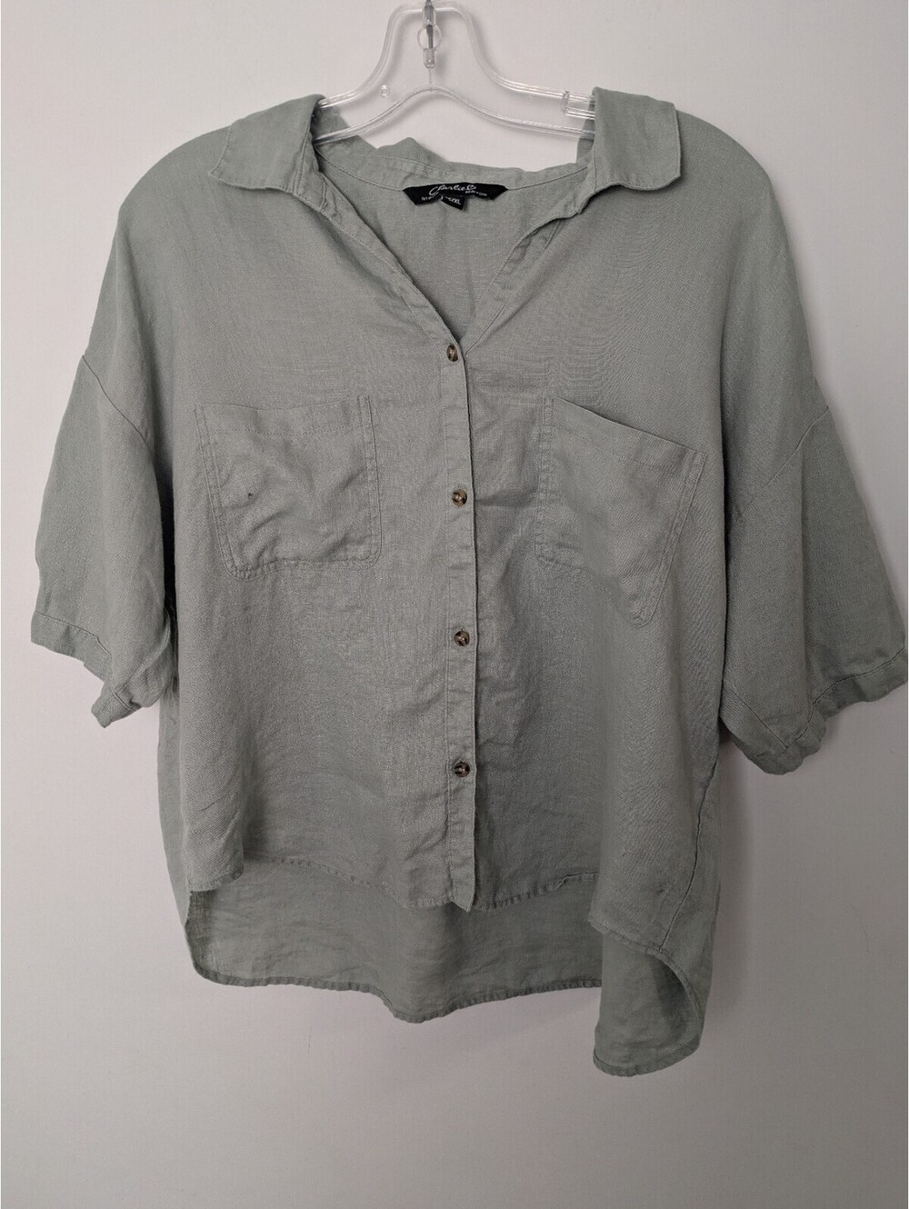 Charlie B 100% Linen Sage Green Short Sleeve Button Up Top Pocket Shirt XL